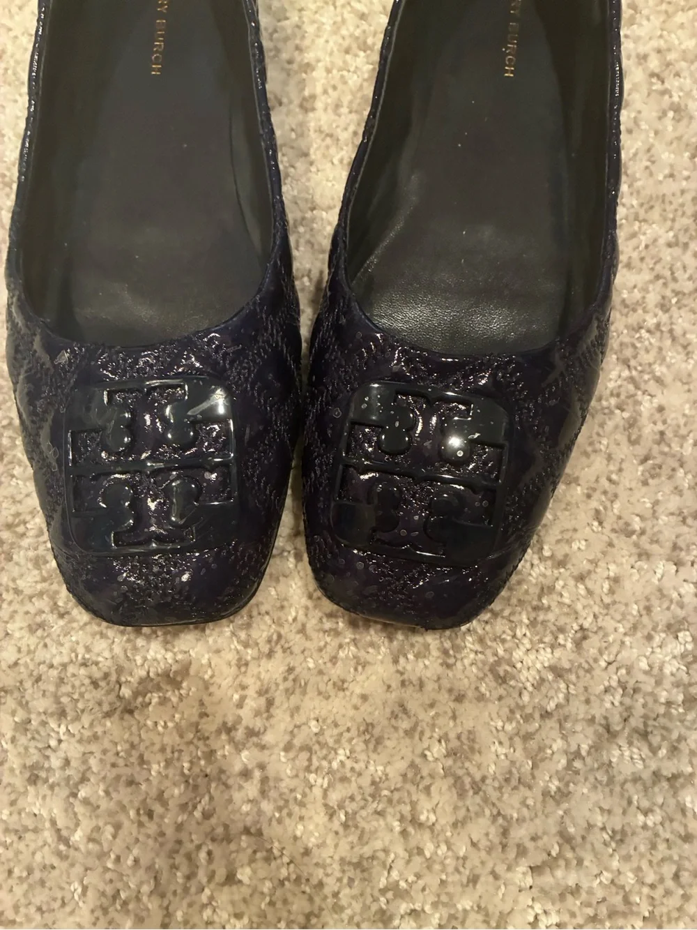 Tory Burch Navy Patent Logo Square-Toe Ballet Flats